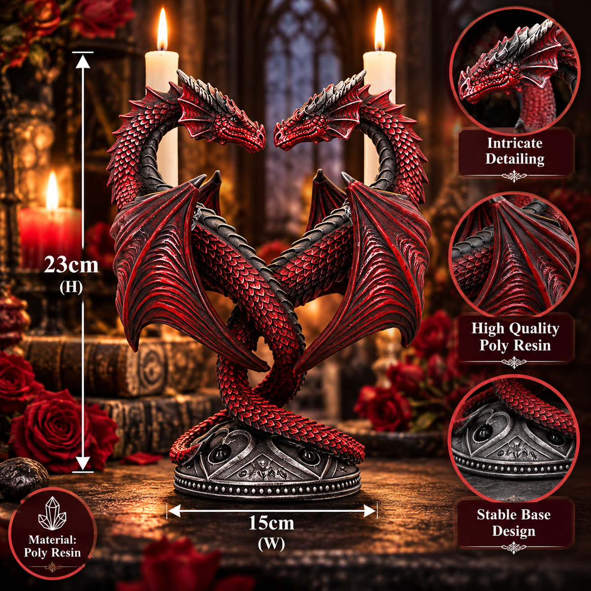 A red and black dragon candle holder sculpture with two dragons facing each other, shown with lit candles in a dark gothic setting. The image includes dimension markers (23cm high, 15cm wide) and circular detail callouts highlighting the dragon design, intricate detailing, high-quality poly resin, and stable base.