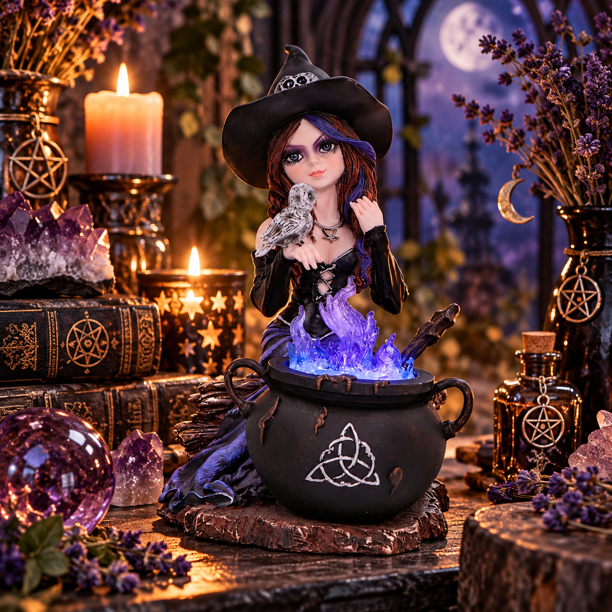 Alvina 16cm witch figurine with owl and magical cauldron. Hand-painted resin sculpture with striking clear blue resin detail, perfect for fantasy lovers.