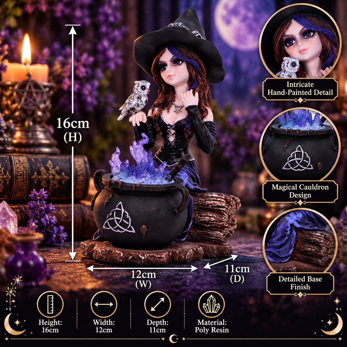 Alvina 16cm witch figurine with owl and magical cauldron. Hand-painted resin sculpture with striking clear blue resin detail, perfect for fantasy lovers.