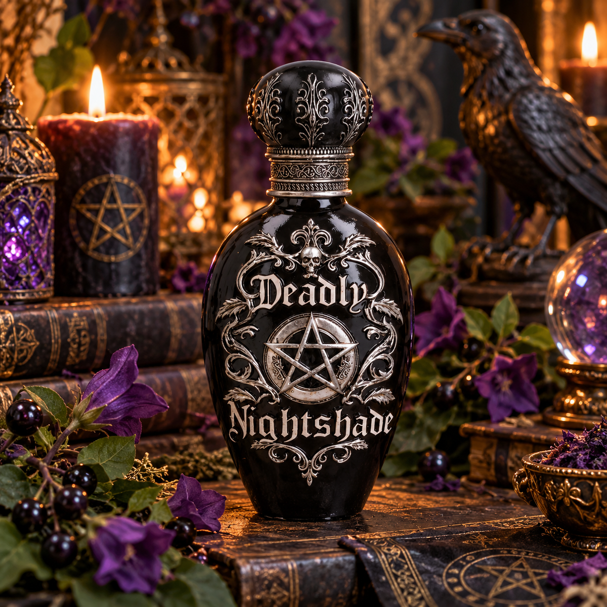 Nemesis Now Deadly Nightshade 15.6cm gothic bottle figurine in poly resin, featuring a pentagram, skull and intricate silver detailing.