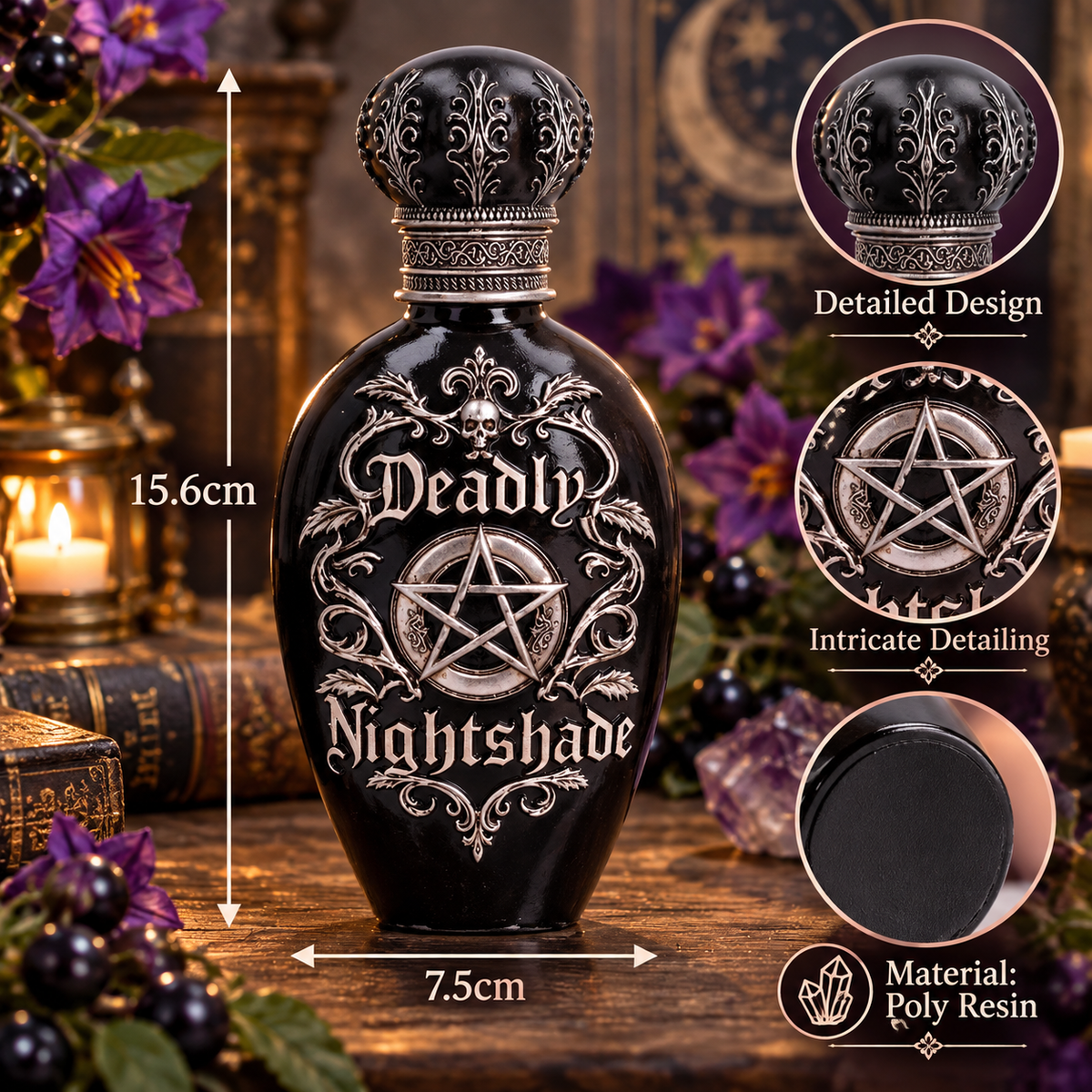 Nemesis Now Deadly Nightshade 15.6cm gothic bottle figurine in poly resin, featuring a pentagram, skull and intricate silver detailing.