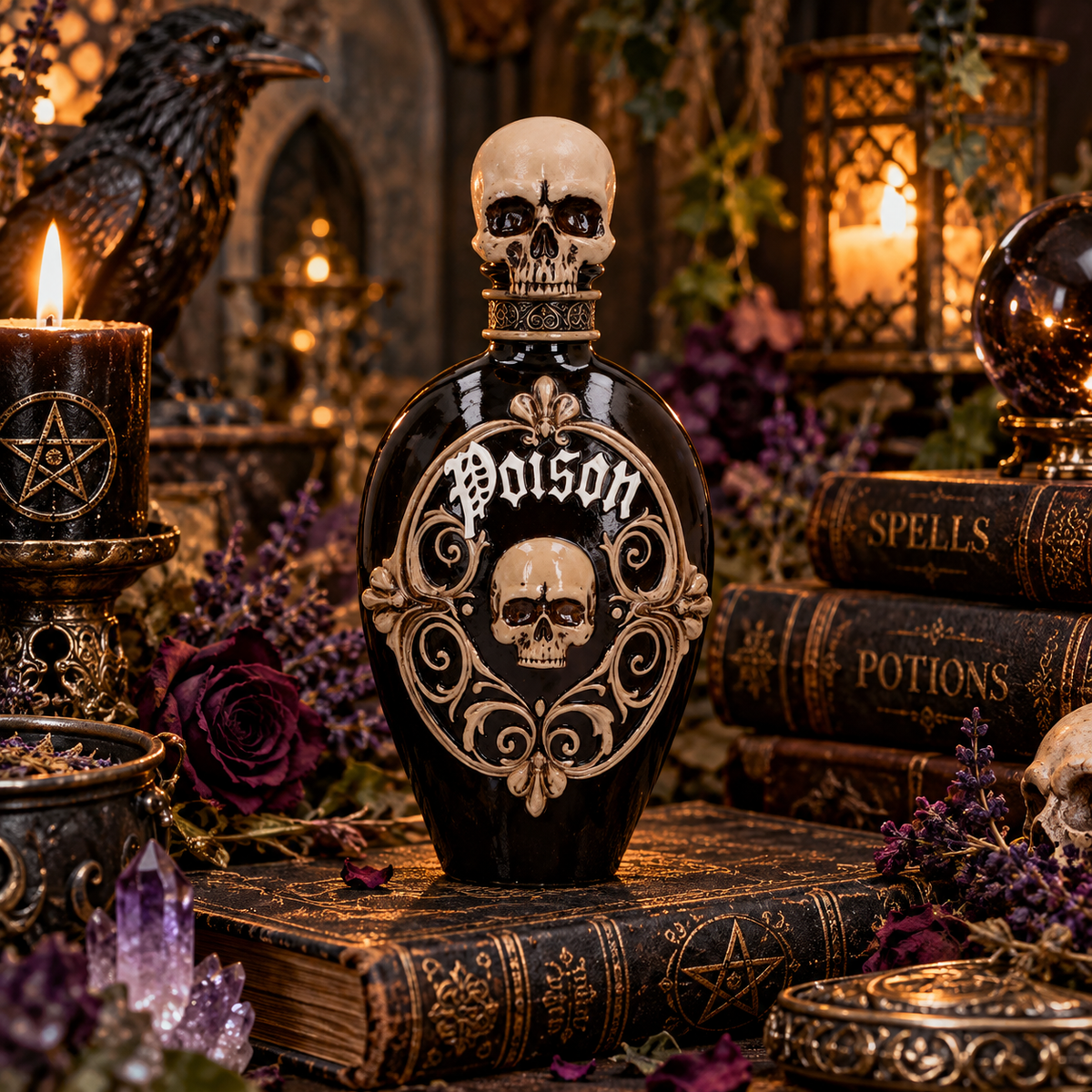 A black glass potion bottle with a skull cap and ornate gold gothic label reading 'Poison,' displayed on an old book surrounded by candles, roses, crystals, and spellbooks in a dark decorative setting.