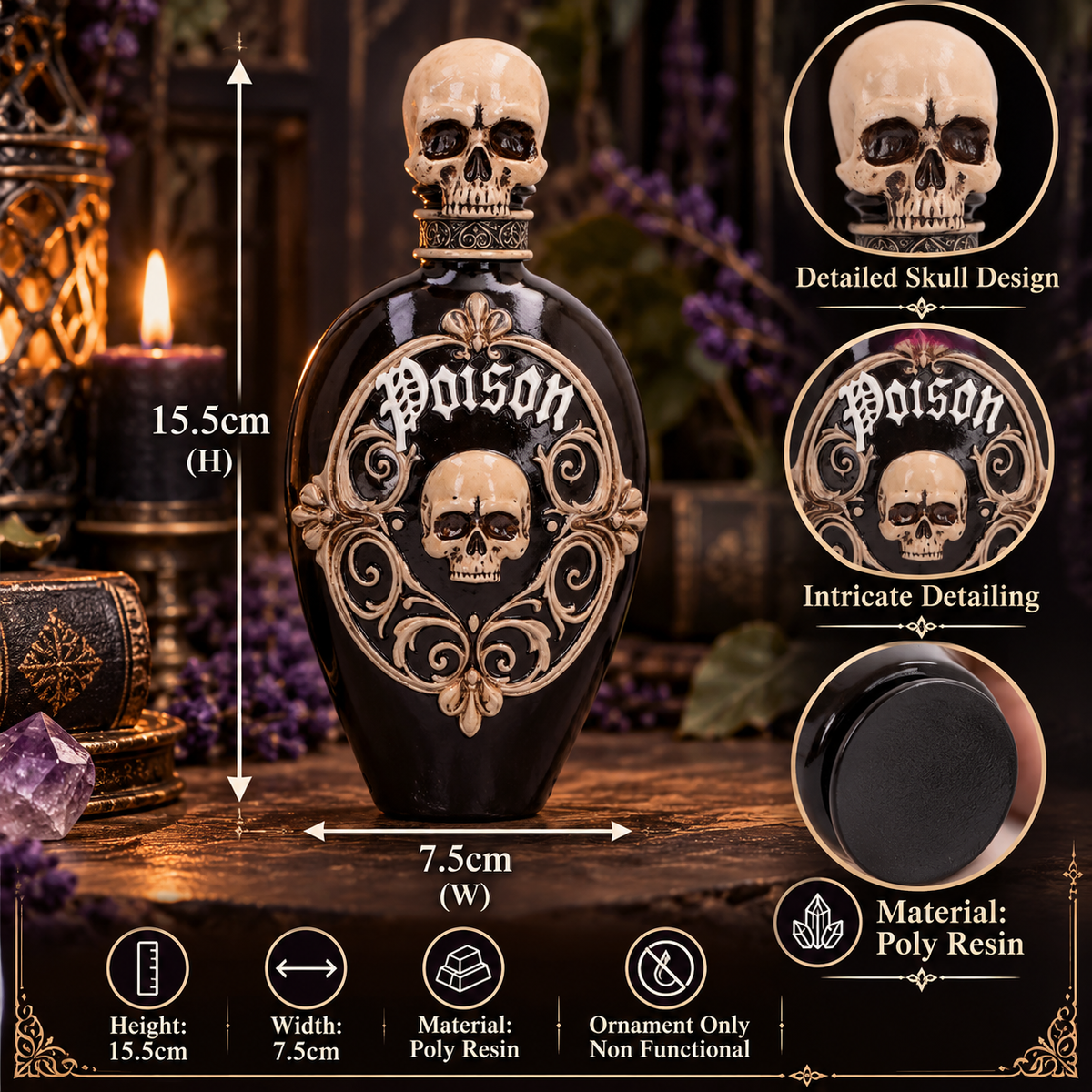 A black glass bottle with a detailed beige skull design and gothic 'Poison' lettering on the front, shown with dimension labels (15.5cm height, 7.