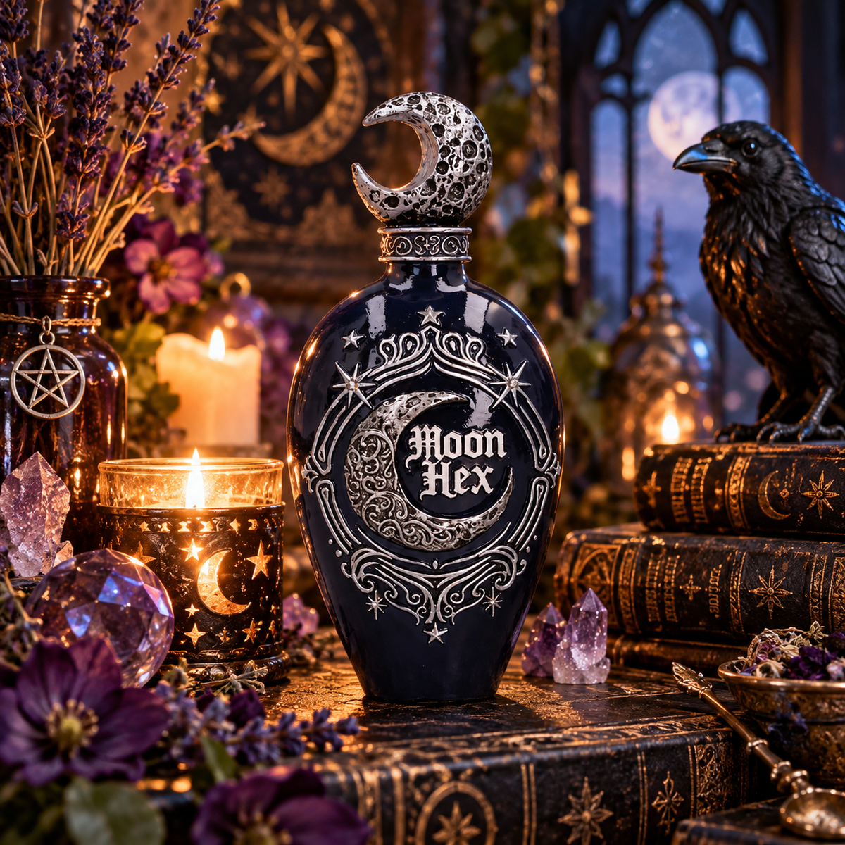 A dark blue glass bottle with a crescent moon cap and ornate silver moon-and-stars label reading 'Moon Hex,' styled on a table with candles, purple flowers, old books, crystals, and a raven in a moody witch-like setting.
