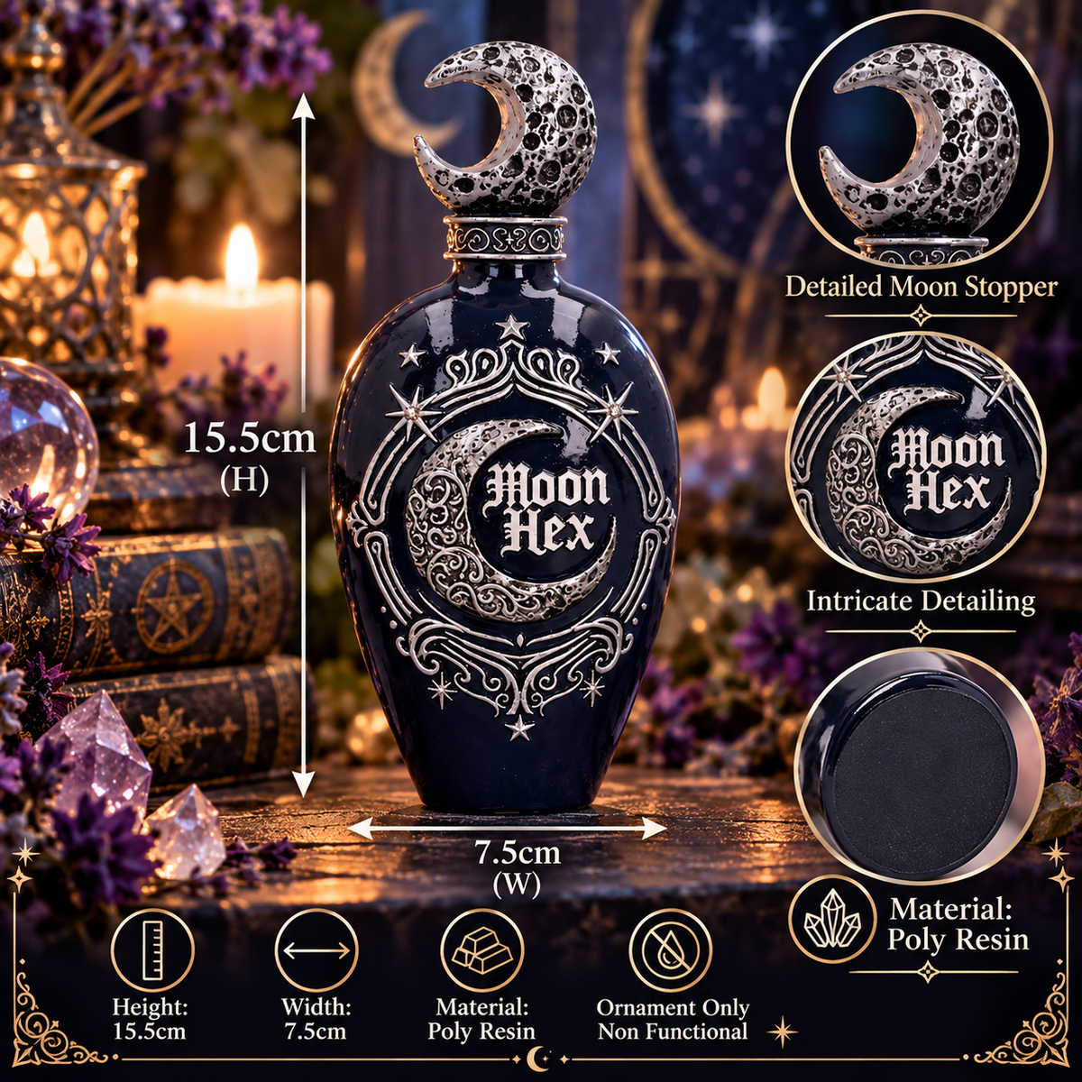 A dark blue moon-themed bottle labeled 'Moon Hex' with silver celestial designs, shown with dimension callouts (15.5cm height, 7.