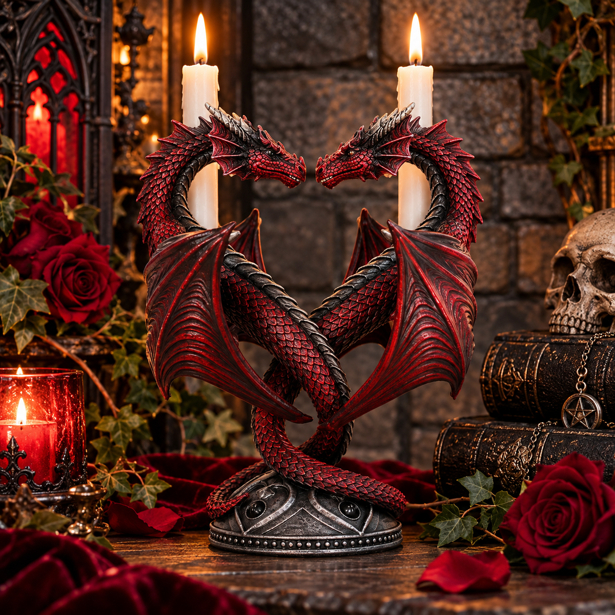 A gothic-style dragon candle holder featuring two intertwined red dragons with wings and two lit white taper candles on their backs, displayed on a table with roses, candles, books, and a skull in a dark decorative setting.