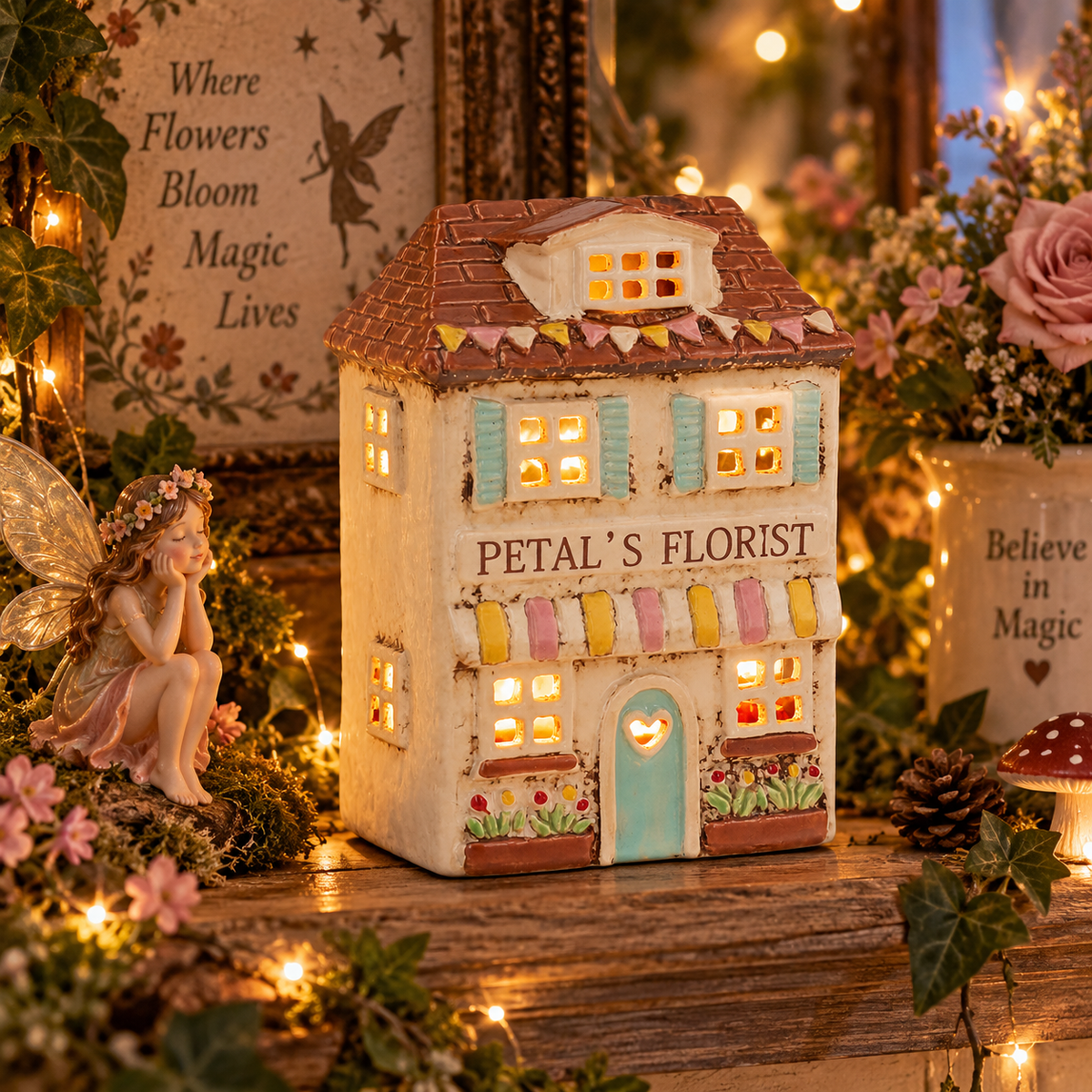 Handcrafted in the Village Pottery workshop, this Florist Tealight Holder is a true collectible from the Shudehill Collection. Made from fine ceramic with intricate detailing, it captures the nostalgic charm of a festive florist shop in a snow-dusted winter village scene.