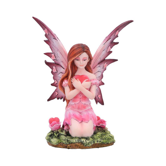 Capture a bit of magic with the beautifully melancholy Corissa Fairy Figurine. She's seen kneeling down, gripping a large red heart to her chest, whilst beautiful pink colours engulf her and her butterfly like wings, which are spread open ready for flight.