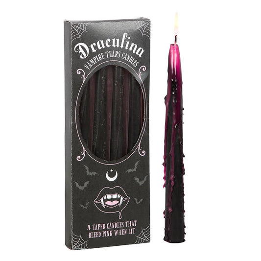 Illuminate your space with this enchanting set of four pink taper candles, each adorned with striking “vampire tears” that drip mystically as they burn. These unscented candles, with an approximate two-hour burn time each, are ideal for casting a gothic spell over your dinner gatherings or offering as a bewitching gift.