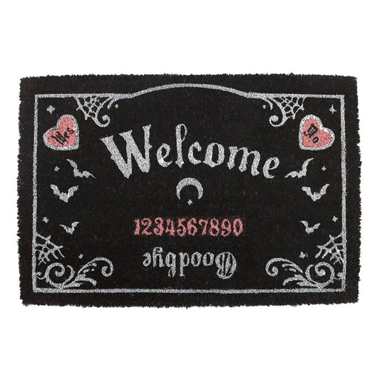Greet visitors with enchanting charm through this coir doormat adorned with a pink and black talking board motif. Ideal for casting a bewitching and elegant aura at your entrance, it blends practicality with playful mystique. Best suited for covered or indoor spaces.