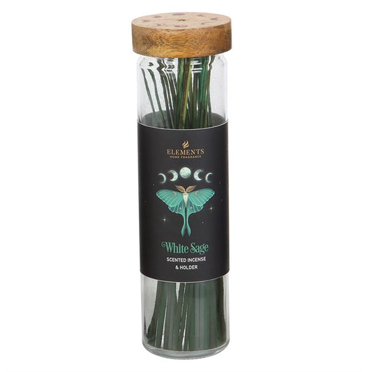 White Sage incense sticks in a glass holder with wooden lid on a white background