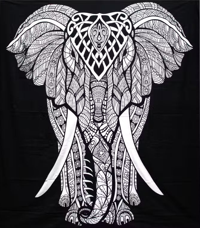 Bring timeless elegance and spiritual symbolism into your home with this beautiful Black &amp; White Elephant Cotton Bedspread and Wall Hanging. Featuring a stunning Elephant design inspired by ancient Indian traditions, this striking piece of textile art combines intricate patterns with a classic monochrome colour scheme.