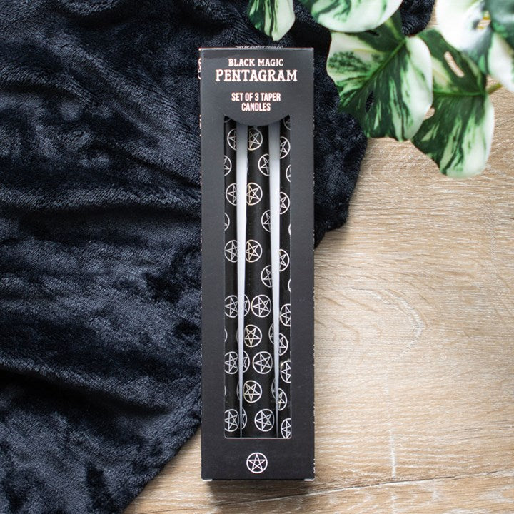 Black Taper Spell Candles with Pentagram Design – Set of 3
