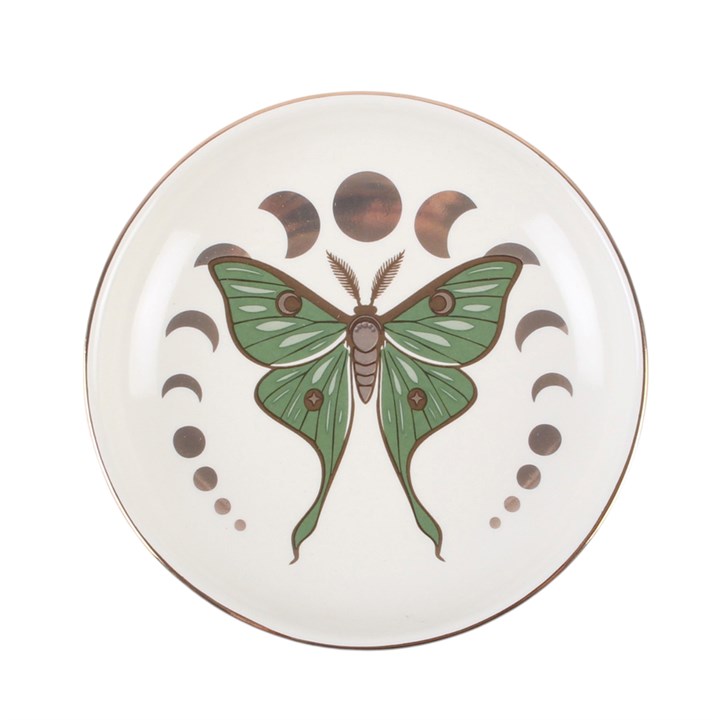 Keep rings, earrings and tiny treasures close at hand with this round trinket dish, featuring a green moth surrounded by metallic moon phase details. A thoughtful gift for adding celestial woodland motifs to fairycore spaces.