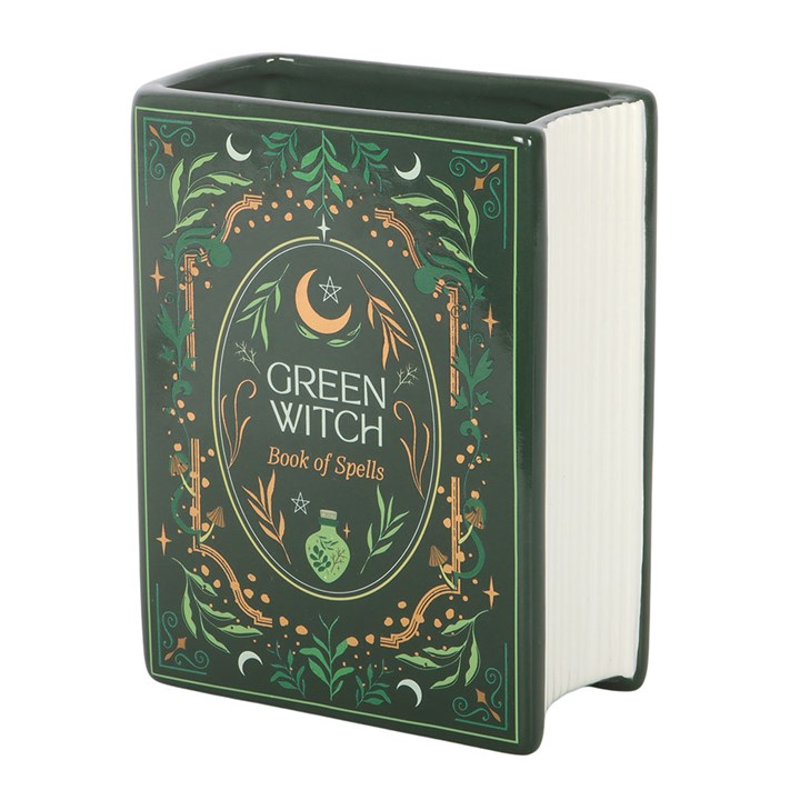 Green Witch Book Shaped Vase – Grimoire Ceramic Floral Decor