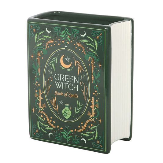 Green Witch Book Shaped Vase – Grimoire Ceramic Floral Decor