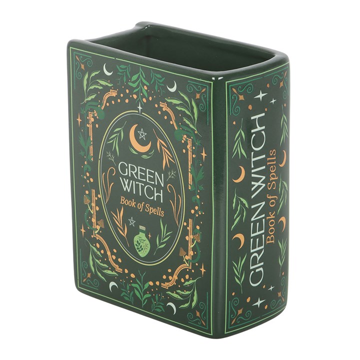 Green Witch Book Shaped Vase – Grimoire Ceramic Floral Decor