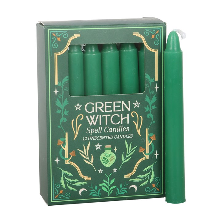 Pack of 12 green witch spell candles for rituals, intention setting, and meditation. Unscented paraffin wax with approx 1 hour burn time.
