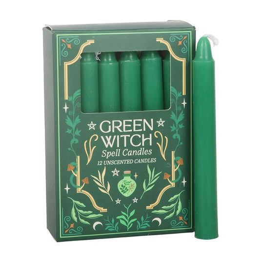 Pack of 12 green witch spell candles for rituals, intention setting, and meditation. Unscented paraffin wax with approx 1 hour burn time.