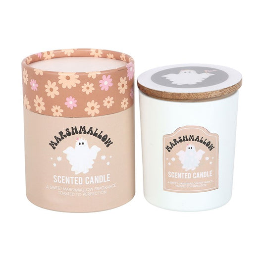 Illuminate your surroundings with the enchanting aroma of toasted marshmallow from this ghostly candle. Ideal for conjuring a bewitching ambiance at Halloween festivities, its warm and comforting fragrance weaves a spell of autumnal charm. Encased in a glass vessel topped with a wooden lid adorned with whimsical ghost and floral motifs, it arrives nestled in a matching cylinder box—an enchanting gift for any soul. Enjoy approximately 28 hours of mystical glow and scent.