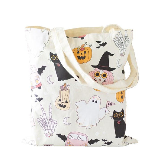 arry your essentials in spooky style with this polycotton tote bag, featuring a groovy Halloween-inspired design. Perfect for shopping trips, work, or adding a touch of Halloween flair to your daily errands, this lightweight bag is versatile and a great gift for anyone who loves quirky accessories.