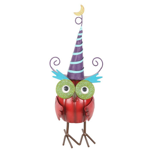 Invite a touch of Halloween whimsy into your home with this charming The Witches Garden red metal owl ornament. Perched proudly in vibrant autumn hues, this adorable owl wears a playful witch’s hat adorned with curly wire details, ready to join your seasonal festivities. Its eye-catching colours and delightful design make it perfect for mantel displays, windowsills, or autumn-themed centrepieces. Suitable for outdoor use, though best kept sheltered from harsh weather to preserve its enchanting glow. A sweet