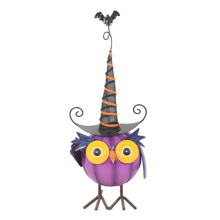 Enchant your home this spooky season with this The Witches Garden purple metal owl ornament. Perched in vibrant Halloween hues, this quirky owl is topped with a curly witch’s hat and gleaming yellow eyes that shine with festive mischief. A perfect accent for shelves, windowsills, or party displays, he brings a playful yet magical energy to your seasonal décor. Suitable for outdoor use, though best kept sheltered from harsh weather to keep his colours bright and spellbinding. A fun and unique way to add char