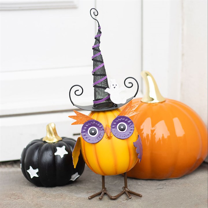 Orange Metal Owl Ornament with Witch Hat and Ghost – The Witches Garde