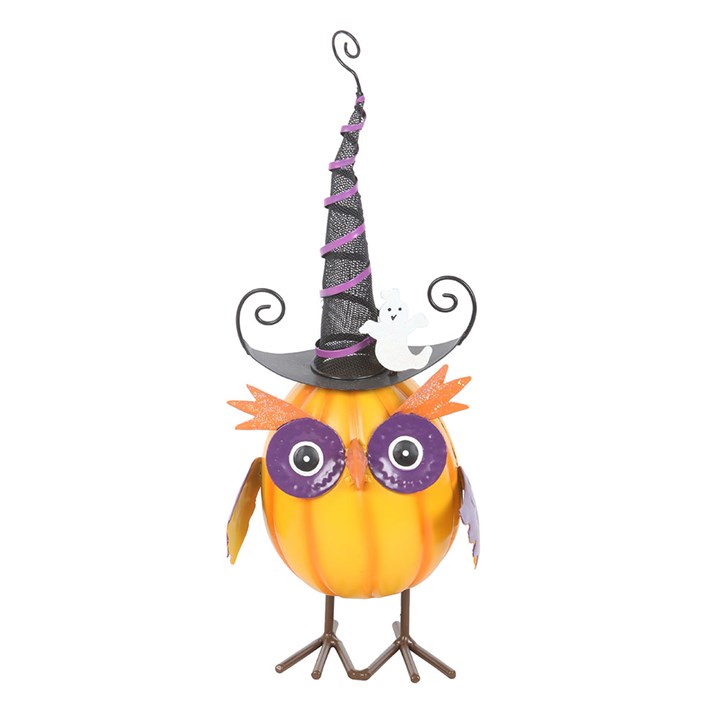 From the enchanted shelves of The Witches Garden comes a spirited Halloween treasure. This playful orange metal owl perches proudly, wearing a striped witch’s hat crowned with a cheerful little ghost companion. With its bold autumn colours and intricate detail, this charming creature brings a spark of Halloween magic to any home or garden. Perfect for creating a festive display, it works wonderfully on porches, window sills, or indoor altars. Suitable for outdoor use, though best kept sheltered from harsh w
