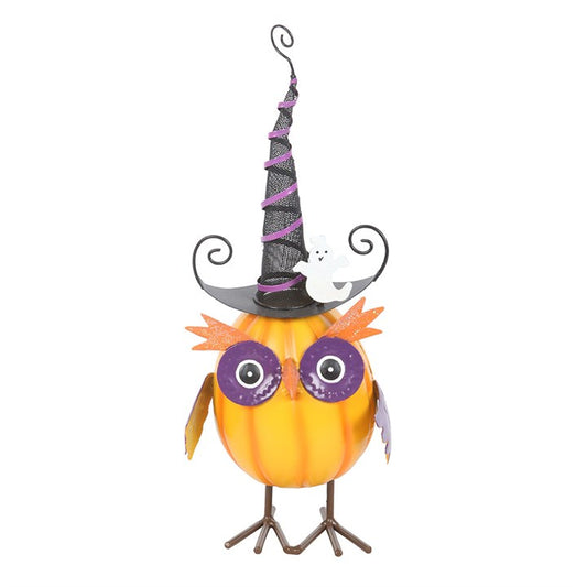 From the enchanted shelves of The Witches Garden comes a spirited Halloween treasure. This playful orange metal owl perches proudly, wearing a striped witch’s hat crowned with a cheerful little ghost companion. With its bold autumn colours and intricate detail, this charming creature brings a spark of Halloween magic to any home or garden. Perfect for creating a festive display, it works wonderfully on porches, window sills, or indoor altars. Suitable for outdoor use, though best kept sheltered from harsh w