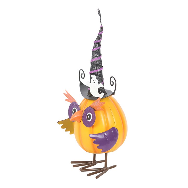 Orange Metal Owl Ornament with Witch Hat and Ghost – The Witches Garde