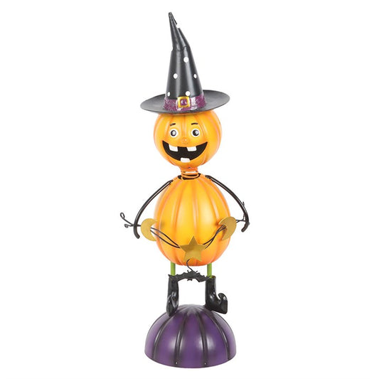 Step into the spirit of the season with this cheerful The Witches Garden pumpkin man ornament. Crafted from sturdy metal with a rustic autumn finish, he stands tall beneath his classic witch’s hat, wearing a friendly smile that warms even the chilliest October night. Perfect for Halloween decorating, autumnal centrepieces, or festive table settings, he brings a playful yet traditional charm to your celebrations. Suitable for outdoor use, though best kept sheltered from harsh weather to keep his seasonal glo