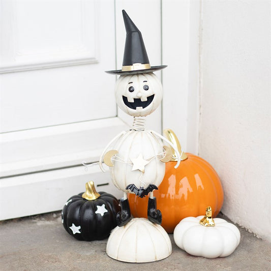 White Metal Pumpkin Man Ornament with Witch Hat – The Witches Garden