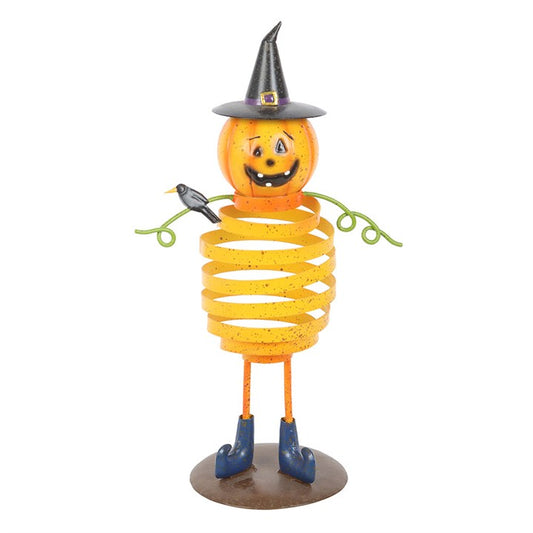 Bring a touch of playful spirit to your Halloween celebrations with this The Witches Garden orange pumpkin man ornament. Crafted from metal with a rustic autumn charm, he bounces with a quirky spring body that adds delightful movement to your décor. Topped with a classic witch’s hat and decorated with whimsical wire details, this cheerful character is perfect for Halloween parties, festive displays, or autumnal home styling. Suitable for outdoor use, though best kept sheltered from harsh weather to preserve