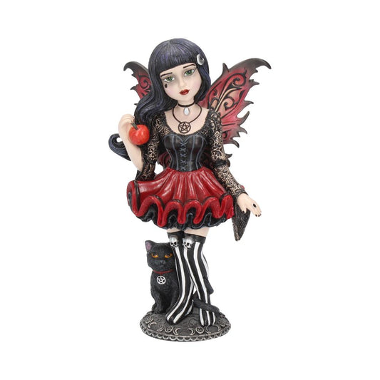 From Nemesis Now comes this Gothic Fantasy Fairy figurine, Hazel, part of the alternative Little Shadows range. Her unfurled wings the colour of autumn leaves, this young Fairy wears a red dress that flares out to show the black ruffles underneath. Her corset-style top has long, lacy sleeves that hang down at the wrists, and her thigh-high black and white striped boots are topped with silver skulls.