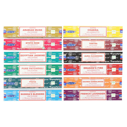 This variety pack from Satya is ideal for retailers looking to offer customers a broad selection of Satya’s most loved scents. Sampling different aromas helps users find their favorites, encouraging repeat sales and deeper brand loyalty. Made with natural ingredients and traditional methods, each stick delivers a rich, long-lasting fragrance experience. Box includes 12 inner packs of the following Satya fragrances: Arabian Musk, Pure Patchouli, Dragon's Fire, Buddha's Blessing, Mystic Rose, French Lavender,