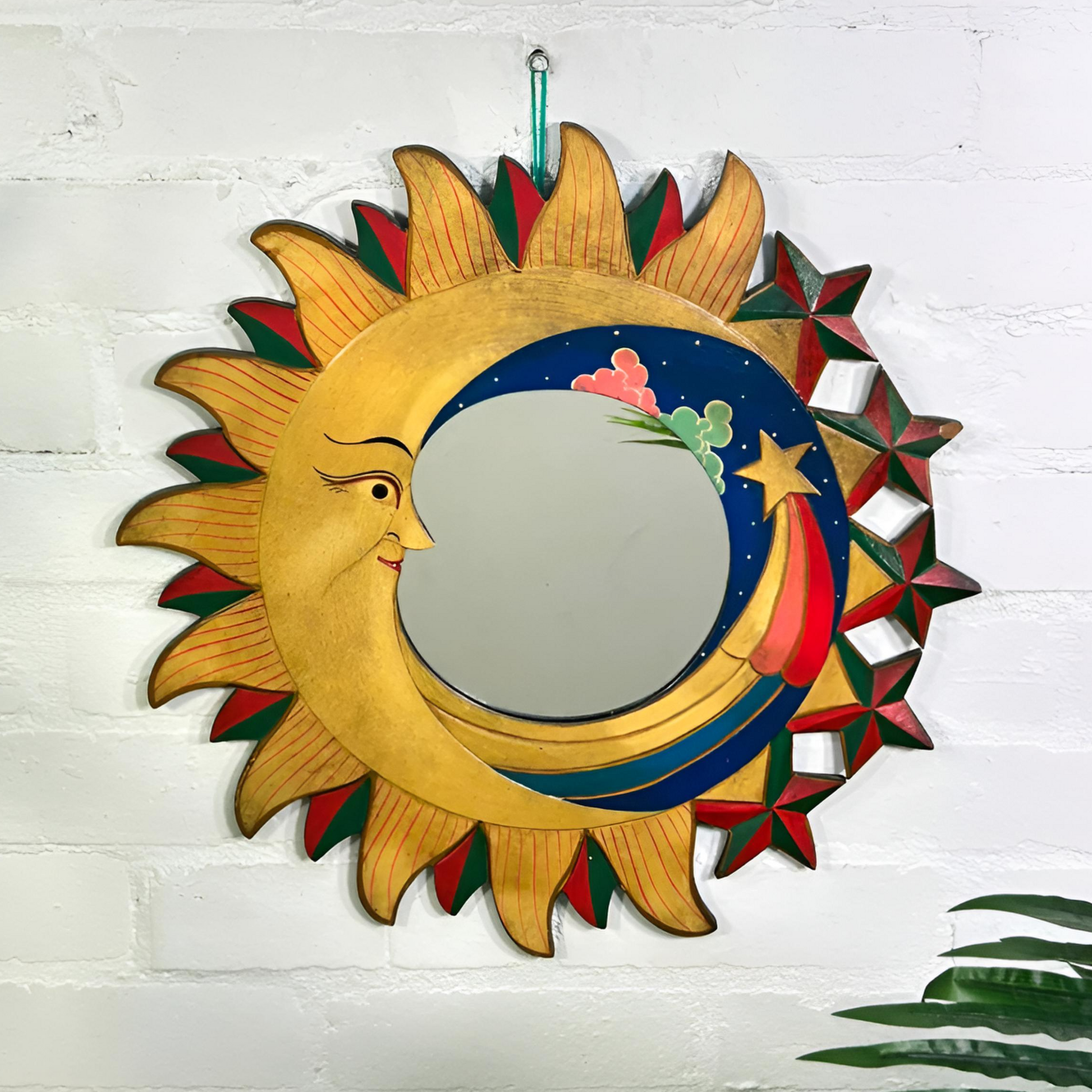 Sky Mirror with Sun Moon Stars Carvings | Handmade Celestial Décor