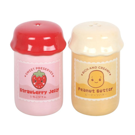 Cute peanut butter and jelly jar salt and pepper shakers with kawaii smiley designs. Fun, quirky kitchen gift inspired by Japanese pop style.