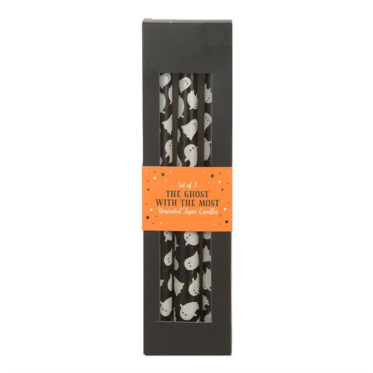 Illuminate the thinning veil with this whimsical Set of 3 Ghost Taper Candles, crafted to invite light and laughter into your sacred Halloween celebrations. These unscented taper candles, printed with playful white ghosts, are perfect for adorning your altar, enhancing a Samhain feast table, or setting the scene for divination work during the witch’s New Year.

Each candle burns for approximately 5 hours—ideal for long, mystical evenings of spellwork, ancestor honoring, or simply enjoying the cozy magic of 