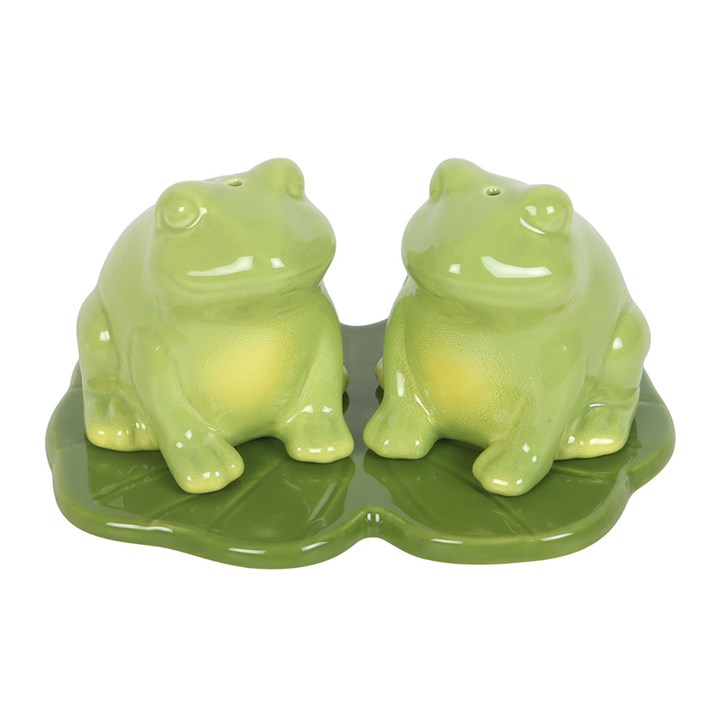 Luna Frog ceramic salt and pepper shakers. Cute, playful kitchen accessory and perfect gift for frog lovers.