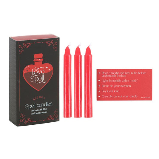 Ignite the flame of passion and call forth the power of ancient love magick with this enchanting set of 3 Love Spell Candles. Housed within a sliding matchbox-style case, these ritual candles are crafted to aid in attracting new love, deepening bonds, and strengthening romantic connections.

For centuries, witches and wise folk have worked with fire as a vessel for transformation—its flickering flame seen as the bridge between the seen and unseen. In love spells, candles have long been used to draw the eye 