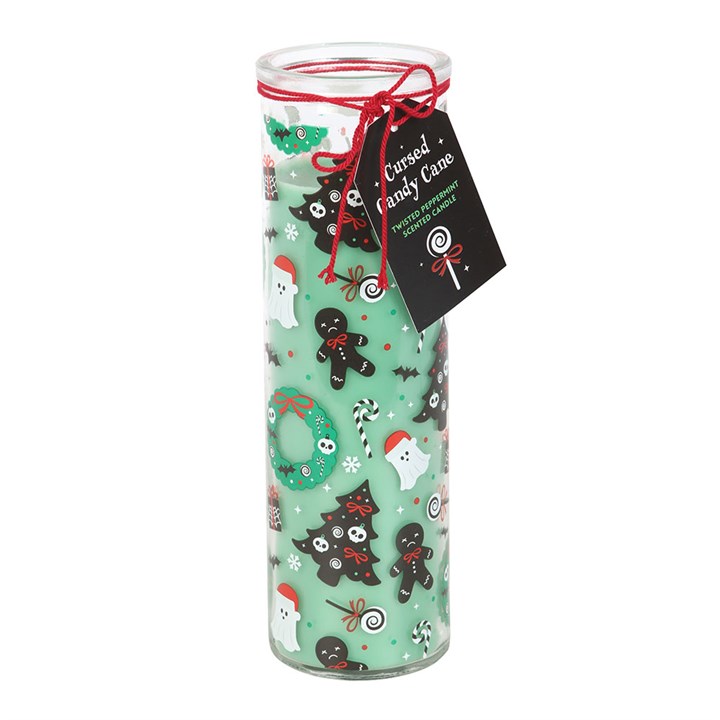 Get into the spooky spirit with this Cursed Candy Cane scented candle. Infused with a twisted peppermint fragrance, this eerie yet festive candle blends Christmas cheer with a hint of Halloween mischief. Featuring a playful design of haunted gingerbread men, ghostly figures, and batty details, it’s perfect for those who love their holidays with a creepy twist. Approximately 70-hour burn time. Made from paraffin wax. Never leave a lit candle unattended.
