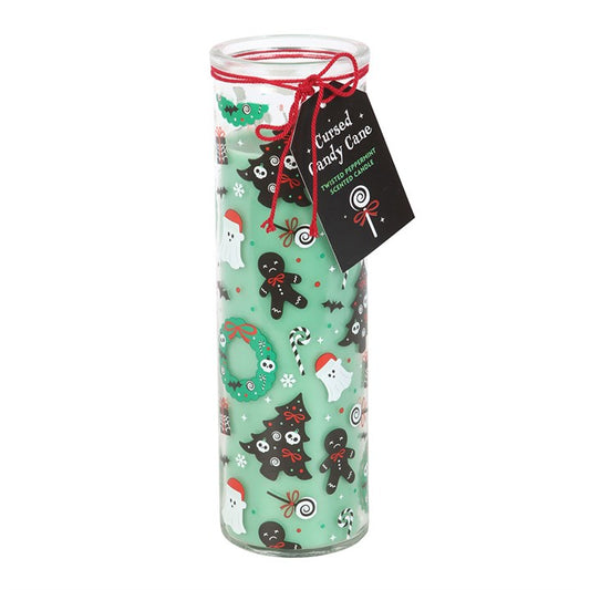 Get into the spooky spirit with this Cursed Candy Cane scented candle. Infused with a twisted peppermint fragrance, this eerie yet festive candle blends Christmas cheer with a hint of Halloween mischief. Featuring a playful design of haunted gingerbread men, ghostly figures, and batty details, it’s perfect for those who love their holidays with a creepy twist. Approximately 70-hour burn time. Made from paraffin wax. Never leave a lit candle unattended.