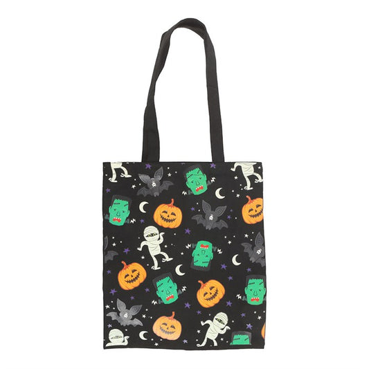 Show off your Halloween spirit while running errands with this playful polycotton tote bag, featuring a fun mix of pumpkins, bats, and monsters. A versatile and eco-friendly gift for Halloween enthusiasts of all ages.