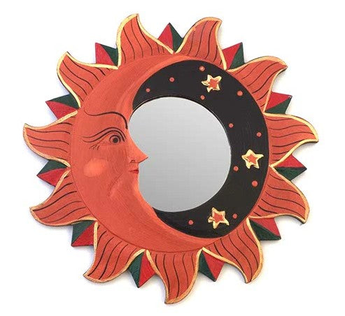 These beautiful hand carved mirrors depict the sun and moon with splendid gold detailing. Each mirror has a metal hoop on the reverse for ease of hanging. These mirrors boast intricate craftsmanship, with intricate gold designs adding a touch of luxury to any space. Hang them up with ease thanks to the handy metal hoop on the reverse.