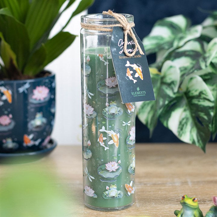Immerse your space in the enchanting aroma of oriental jasmine with this tube candle, adorned with a mystical pond scene of lily pads, frogs, dragonflies, and koi fish. Offering around 55 hours of burn time, it brings a tranquil, magical ambiance to your sacred space. Once the flame fades, the glass vessel transforms into a charming holder for blossoms, perfect for your witchy altar or home sanctuary.