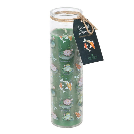 Immerse your space in the enchanting aroma of oriental jasmine with this tube candle, adorned with a mystical pond scene of lily pads, frogs, dragonflies, and koi fish. Offering around 55 hours of burn time, it brings a tranquil, magical ambiance to your sacred space. Once the flame fades, the glass vessel transforms into a charming holder for blossoms, perfect for your witchy altar or home sanctuary.