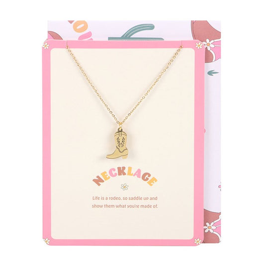 This girly necklace is a yee-haw worthy gift featuring a dainty cowboy boot pendant, perfect for a cowgirl with charm and grit. Presented on a fun greeting card that reads, 'Life is a rodeo, so saddle up and show them what you're made of,' it’s the ideal gift to spur on a friend who’s ready to ride life's grand adventures.