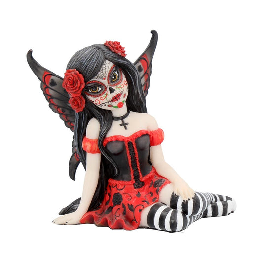 This stunning Fairy, Rosalia, was created by Fantasy brand Nemesis Now. She innocently sits with her striped legs extended to the side, wearing a black corseted dress that has a red skirt detailed with black roses.