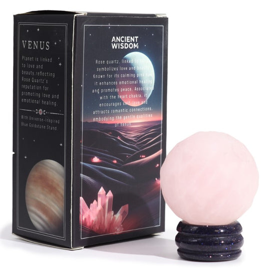 Rose Quartz, linked to Venus, symbolizes love and beauty. Known for its calming pink hue, it enhances emotional healing and promotes peace. Associated with the heart chakra, it encourages self-love and attracts romantic connections, embodying the gentle qualities of Venus.